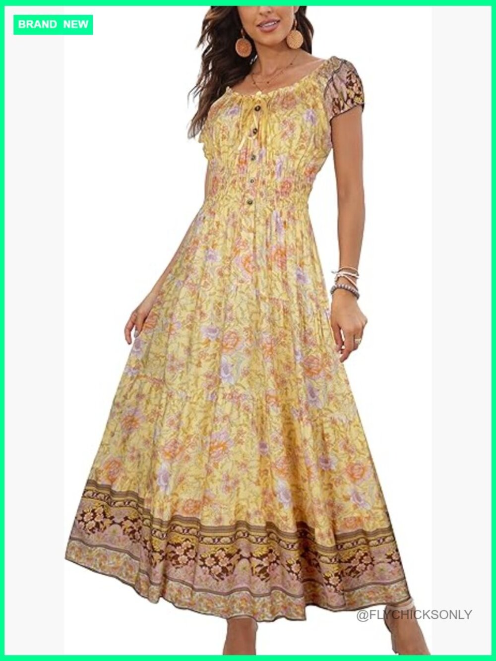 Viscose Maxi Dress With Floral Print, Scoop Neck, Loose Fit